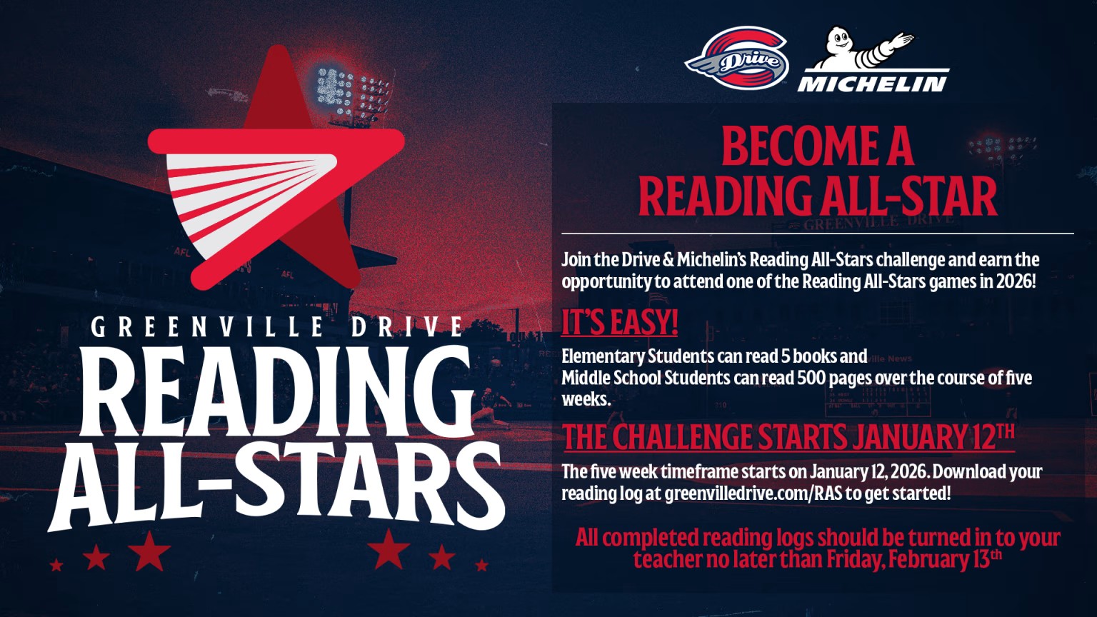 It's time to start reading for our reading all stars program with the Greenville Drive! 